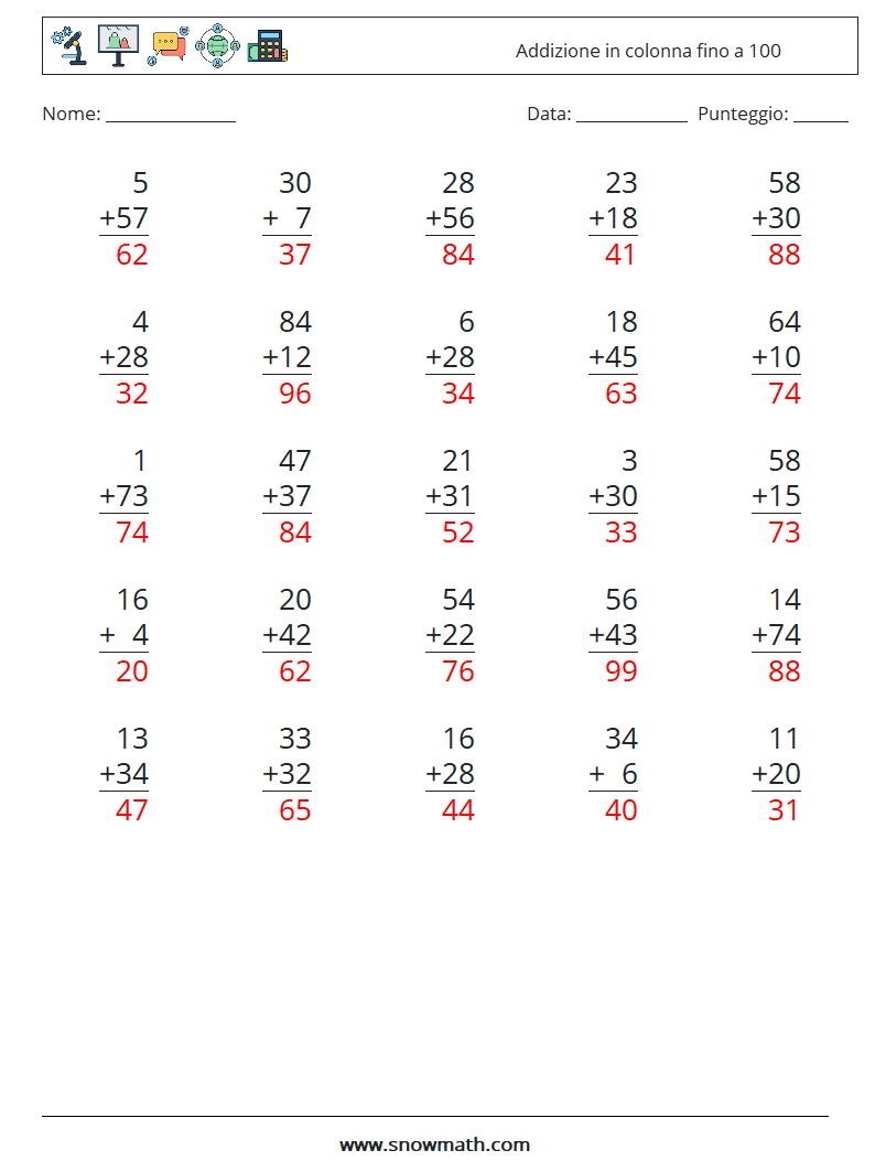 (25) Addizione in colonna fino a 100 Fogli di lavoro di matematica 3 Domanda, Risposta