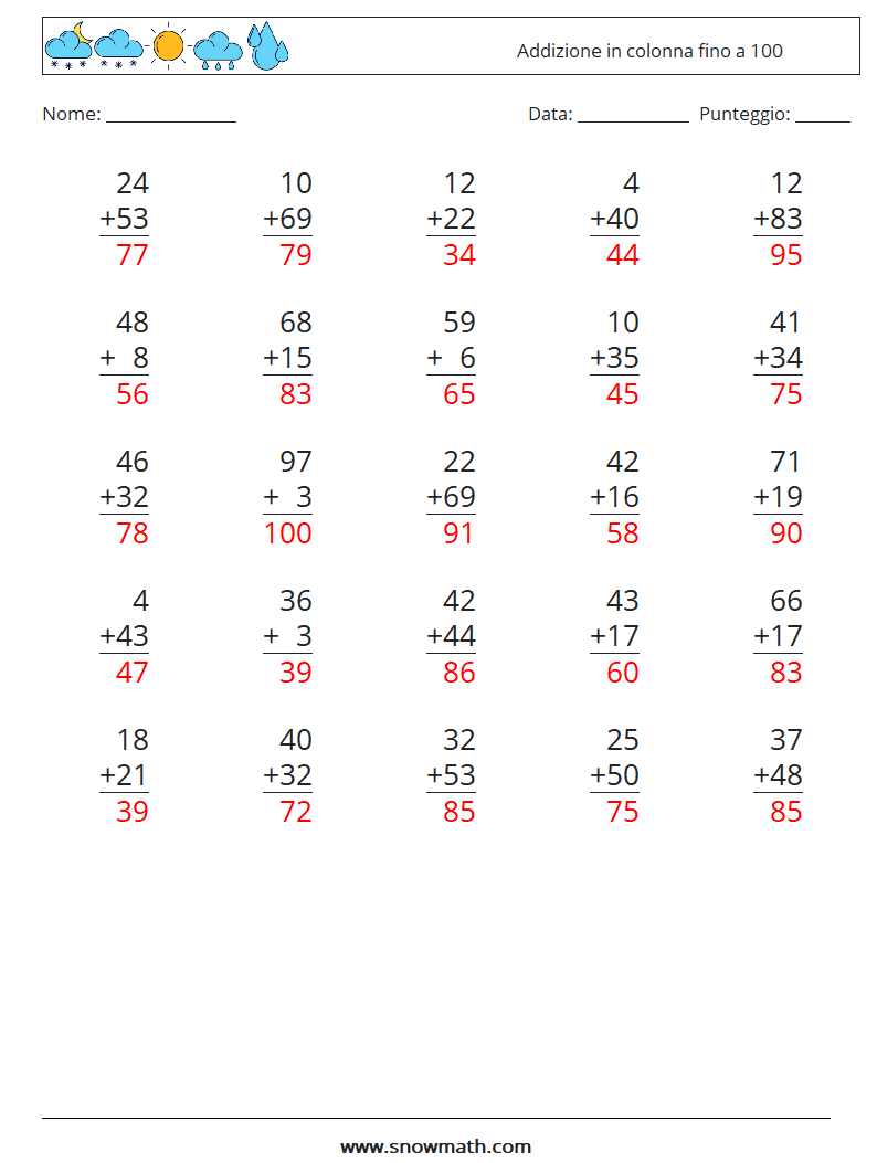 (25) Addizione in colonna fino a 100 Fogli di lavoro di matematica 4 Domanda, Risposta