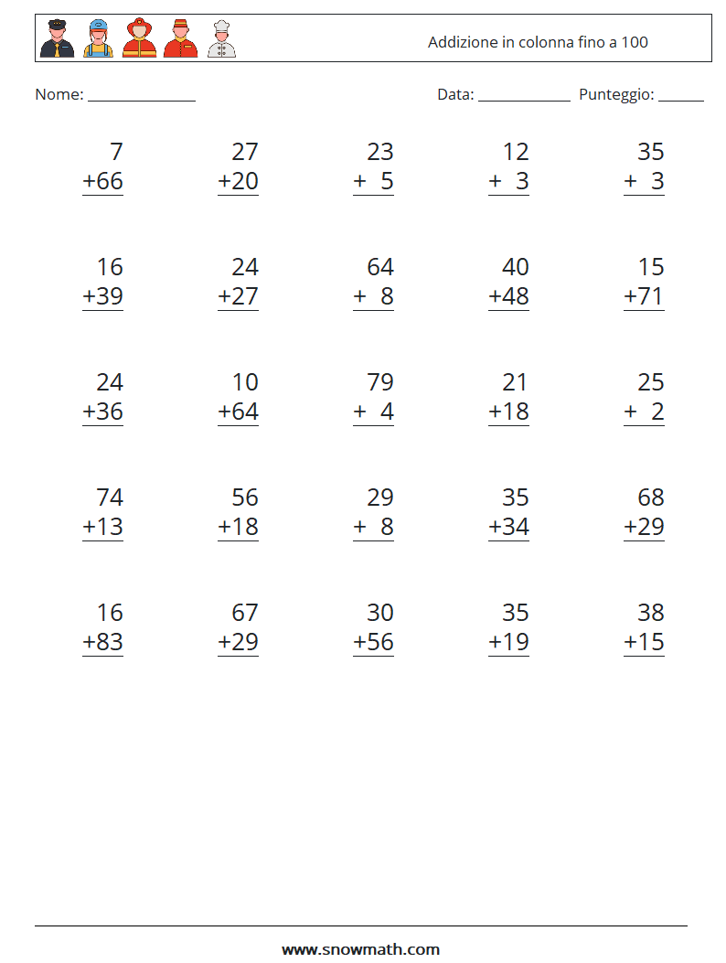 (25) Addizione in colonna fino a 100 Fogli di lavoro di matematica 5