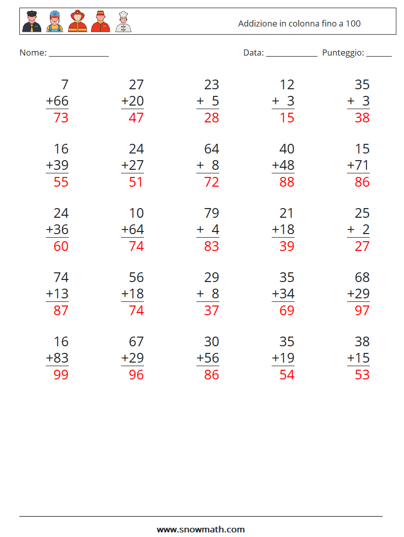 (25) Addizione in colonna fino a 100 Fogli di lavoro di matematica 5 Domanda, Risposta