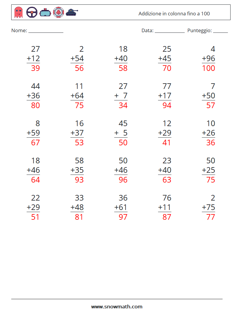 (25) Addizione in colonna fino a 100 Fogli di lavoro di matematica 6 Domanda, Risposta