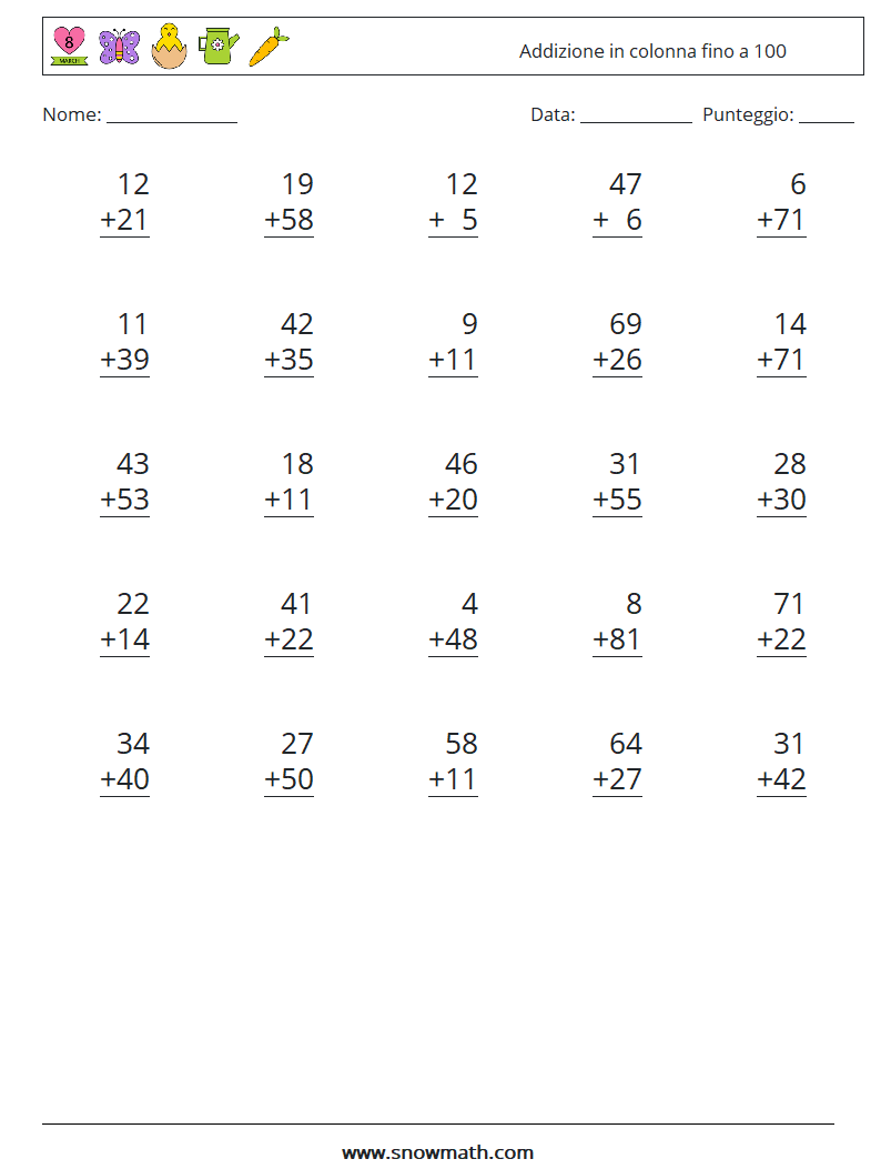 (25) Addizione in colonna fino a 100 Fogli di lavoro di matematica 7