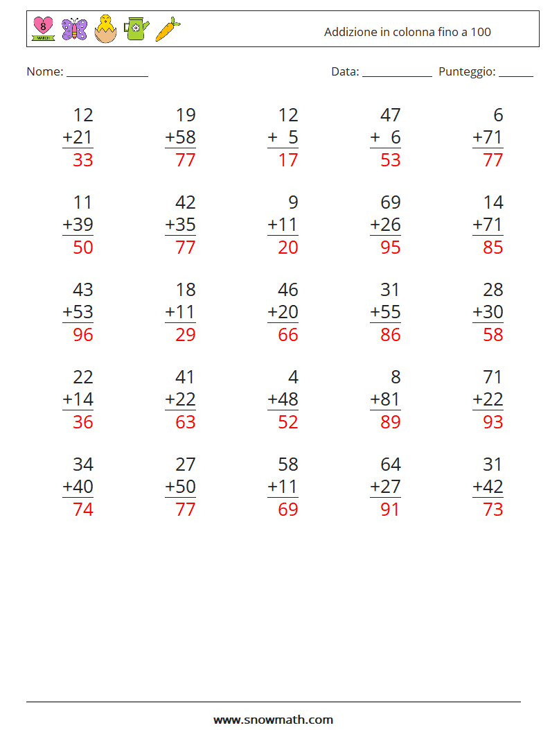 (25) Addizione in colonna fino a 100 Fogli di lavoro di matematica 7 Domanda, Risposta