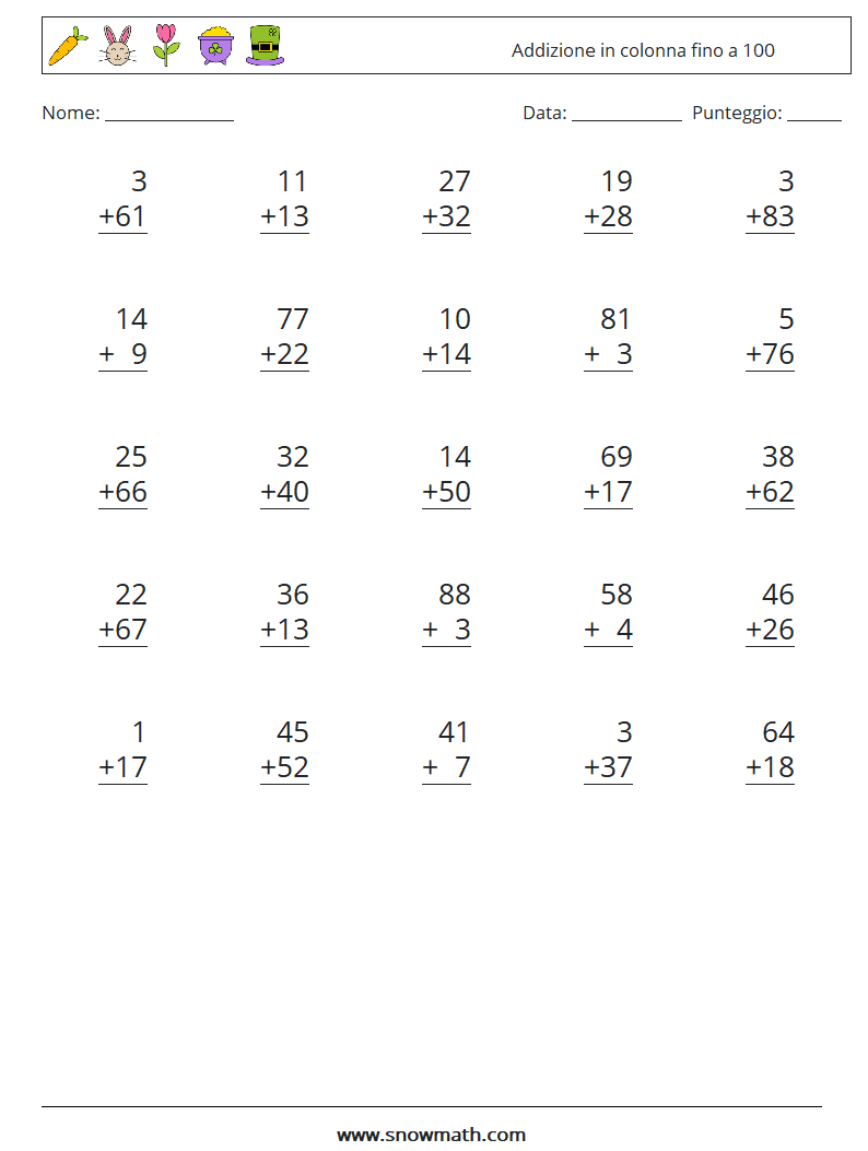 (25) Addizione in colonna fino a 100 Fogli di lavoro di matematica 8
