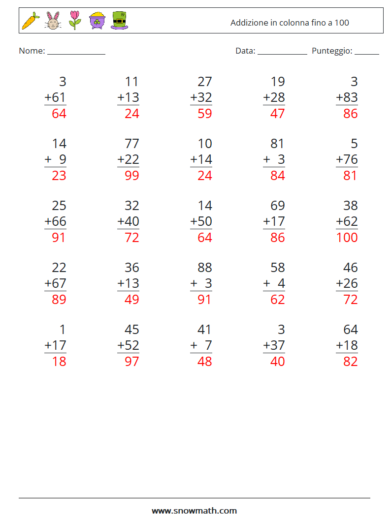 (25) Addizione in colonna fino a 100 Fogli di lavoro di matematica 8 Domanda, Risposta