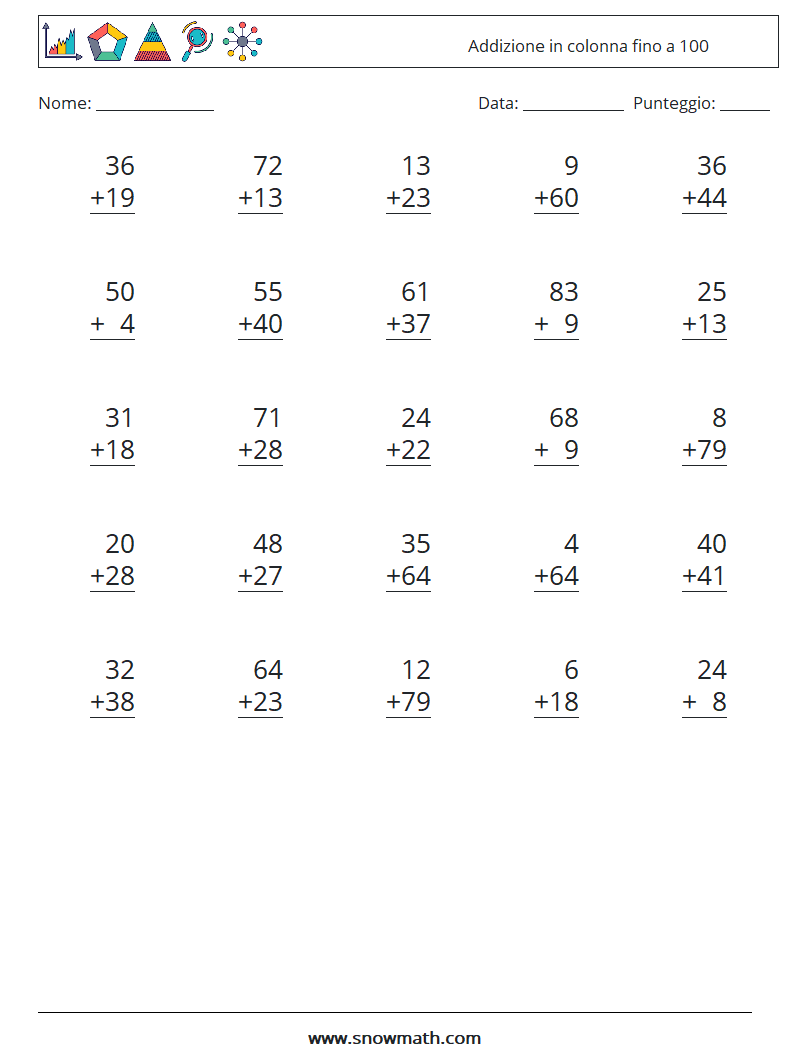 (25) Addizione in colonna fino a 100 Fogli di lavoro di matematica 9
