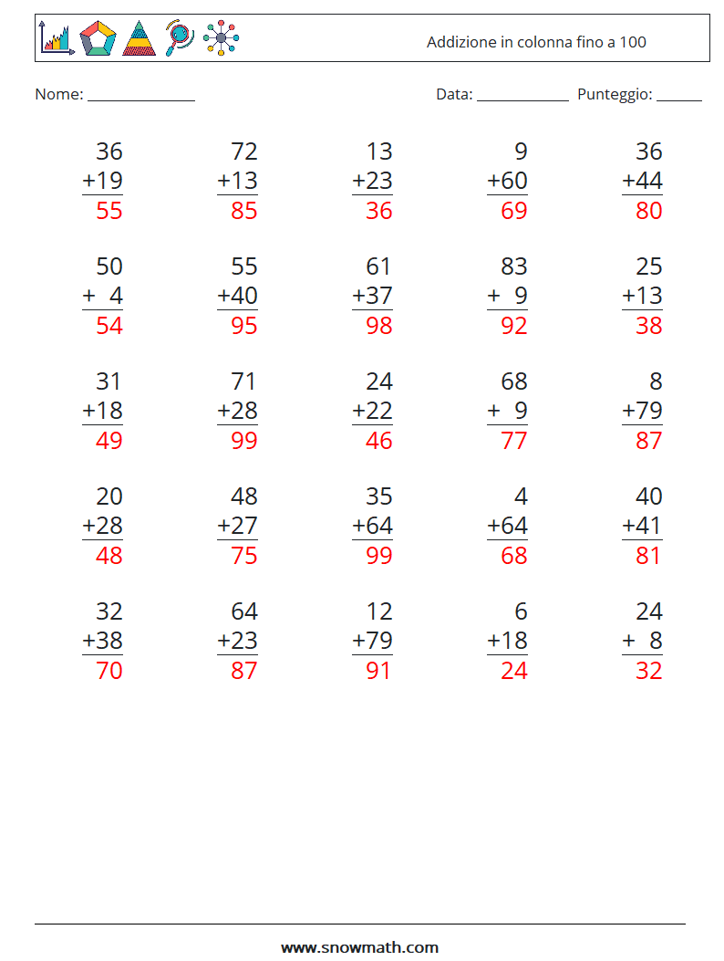 (25) Addizione in colonna fino a 100 Fogli di lavoro di matematica 9 Domanda, Risposta