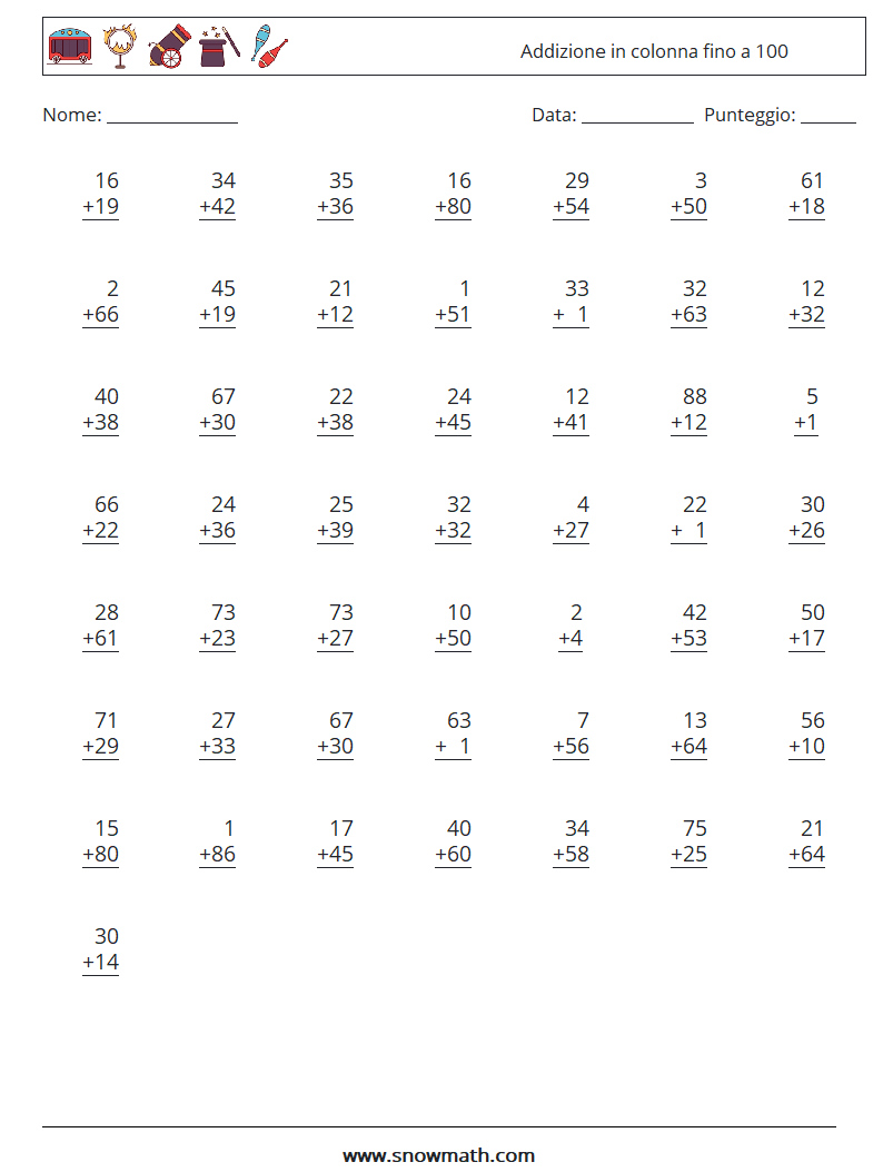 (50) Addizione in colonna fino a 100 Fogli di lavoro di matematica 1