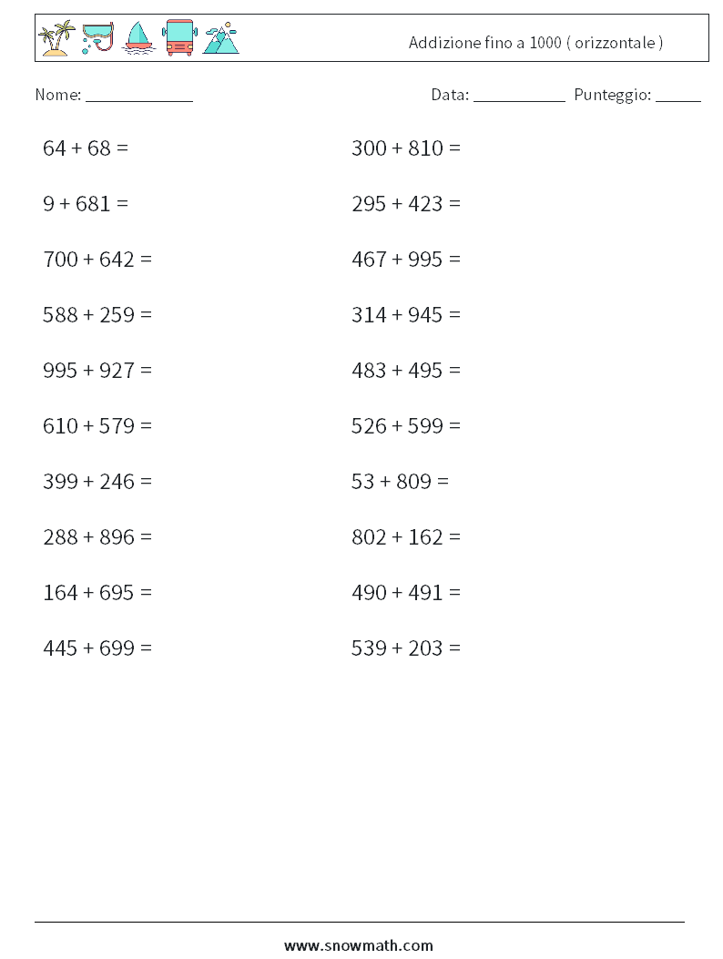 (20) Addizione fino a 1000 ( orizzontale ) Fogli di lavoro di matematica 1