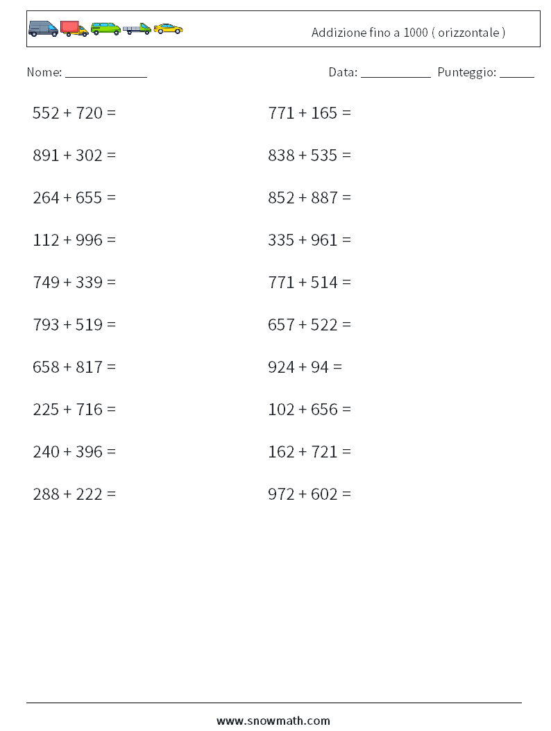 (20) Addizione fino a 1000 ( orizzontale ) Fogli di lavoro di matematica 2