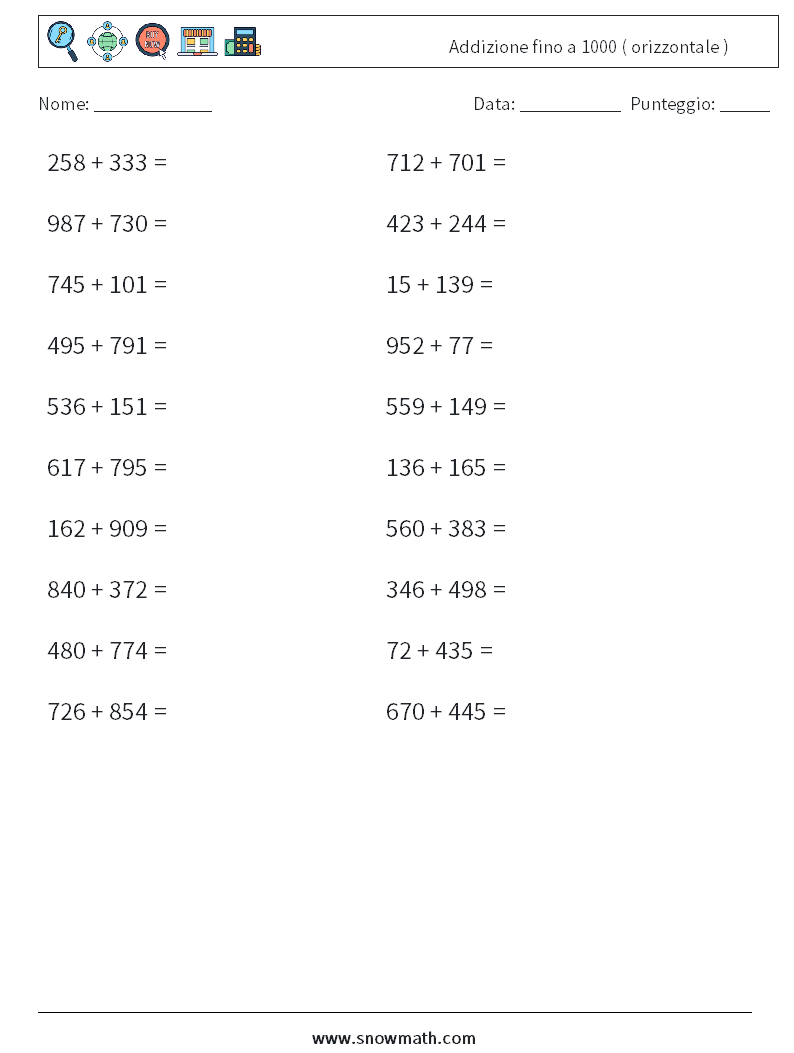 (20) Addizione fino a 1000 ( orizzontale ) Fogli di lavoro di matematica 3