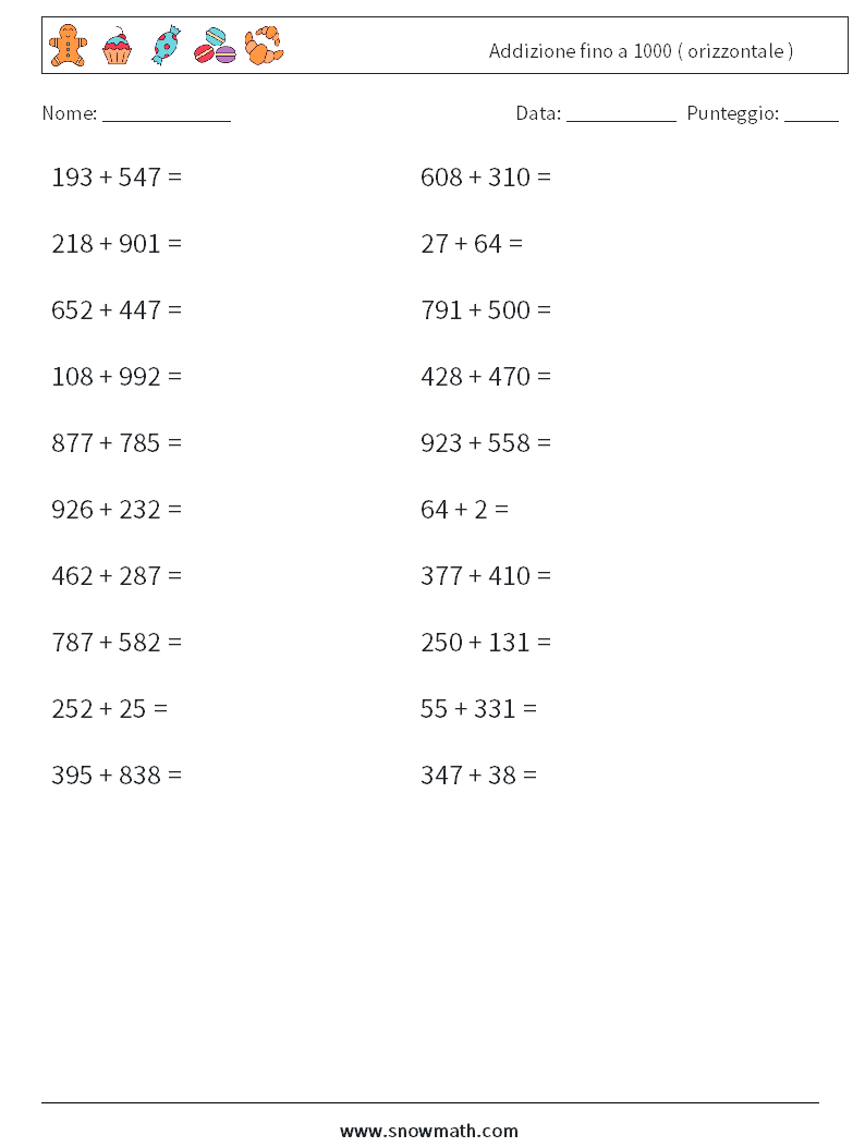 (20) Addizione fino a 1000 ( orizzontale ) Fogli di lavoro di matematica 6