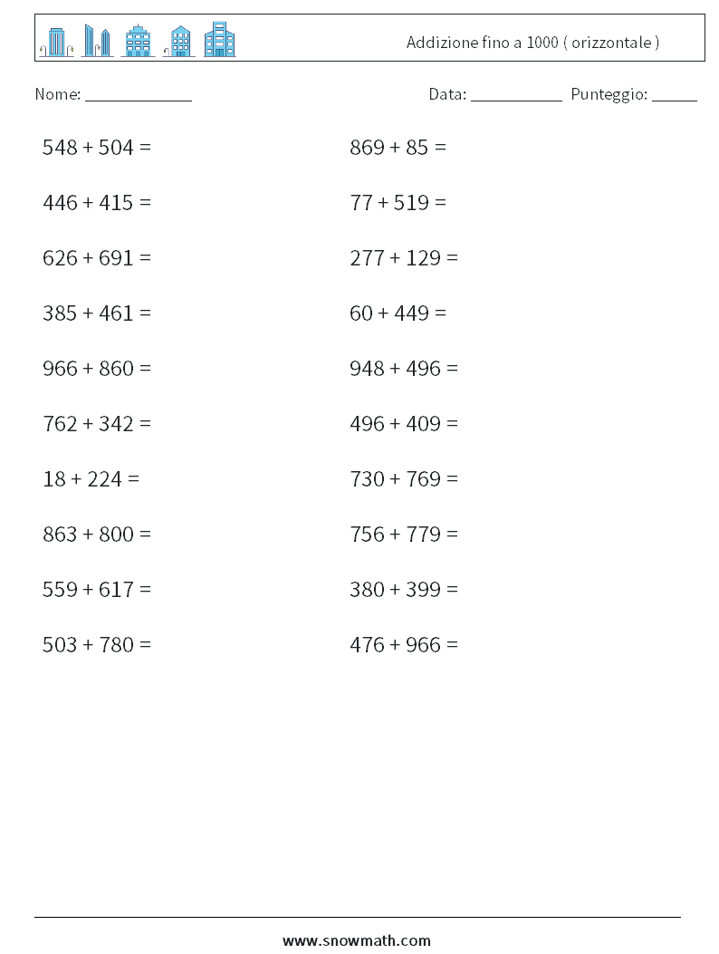 (20) Addizione fino a 1000 ( orizzontale ) Fogli di lavoro di matematica 8