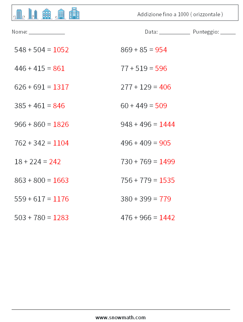 (20) Addizione fino a 1000 ( orizzontale ) Fogli di lavoro di matematica 8 Domanda, Risposta