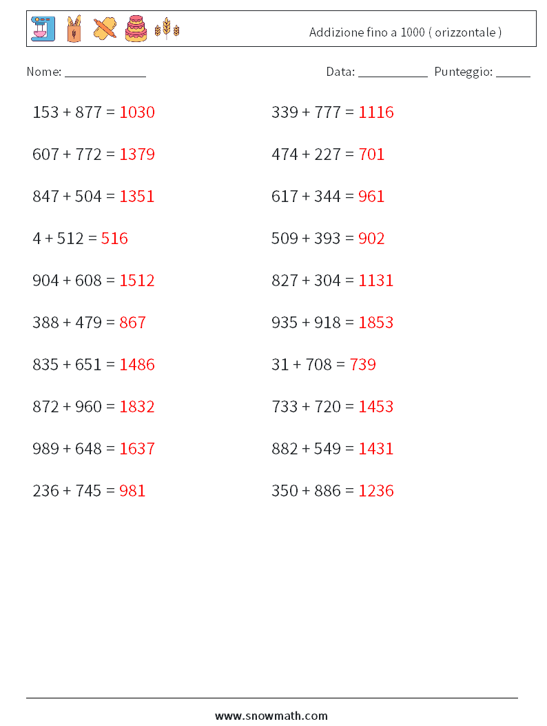 (20) Addizione fino a 1000 ( orizzontale ) Fogli di lavoro di matematica 9 Domanda, Risposta