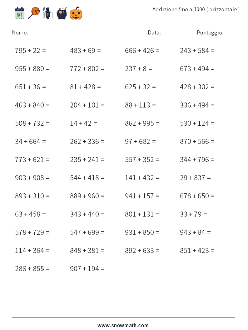 (50) Addizione fino a 1000 ( orizzontale ) Fogli di lavoro di matematica 3