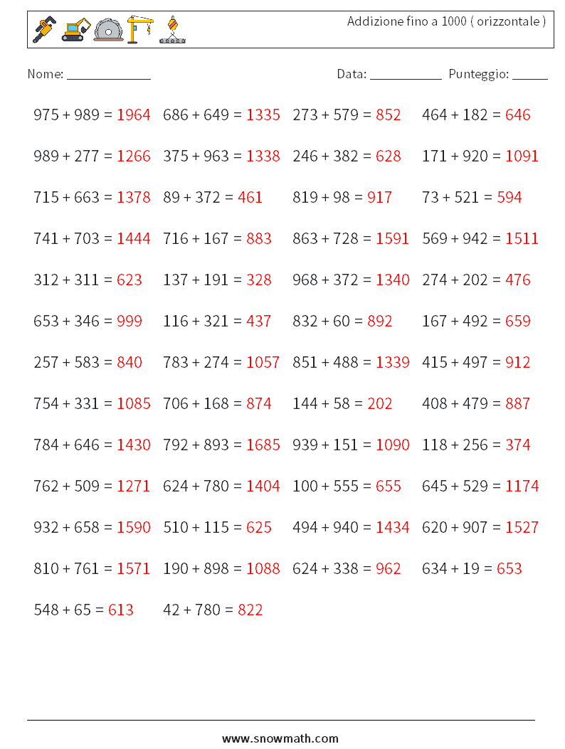 (50) Addizione fino a 1000 ( orizzontale ) Fogli di lavoro di matematica 5 Domanda, Risposta