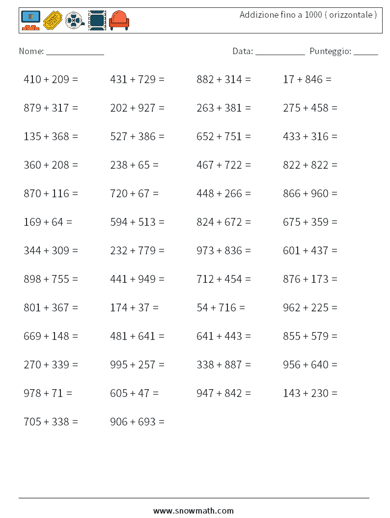 (50) Addizione fino a 1000 ( orizzontale ) Fogli di lavoro di matematica 8