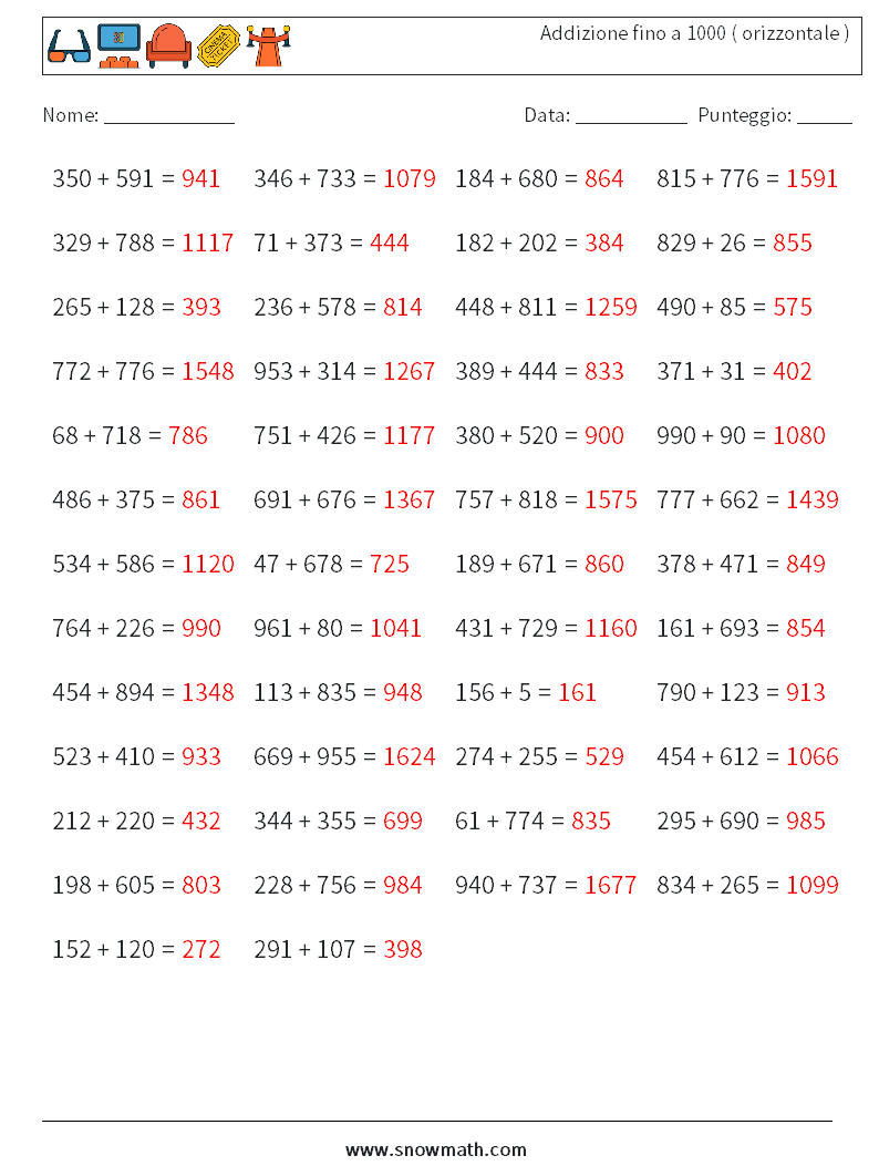 (50) Addizione fino a 1000 ( orizzontale ) Fogli di lavoro di matematica 9 Domanda, Risposta