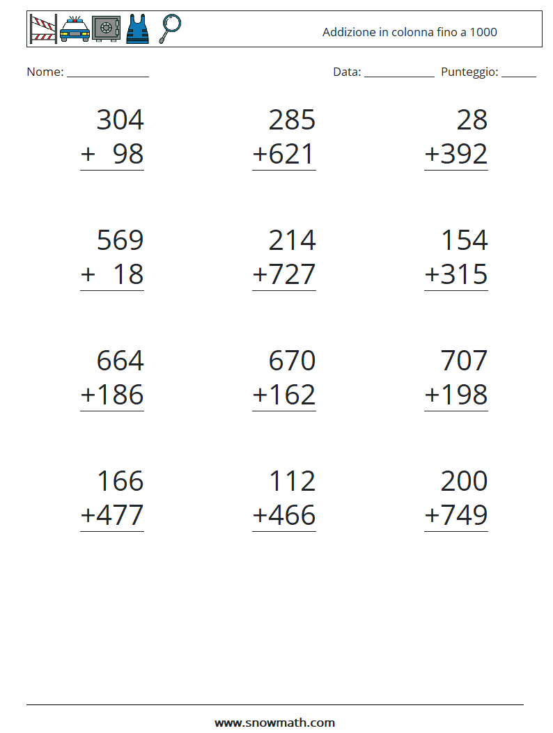 (12) Addizione in colonna fino a 1000 Fogli di lavoro di matematica 1