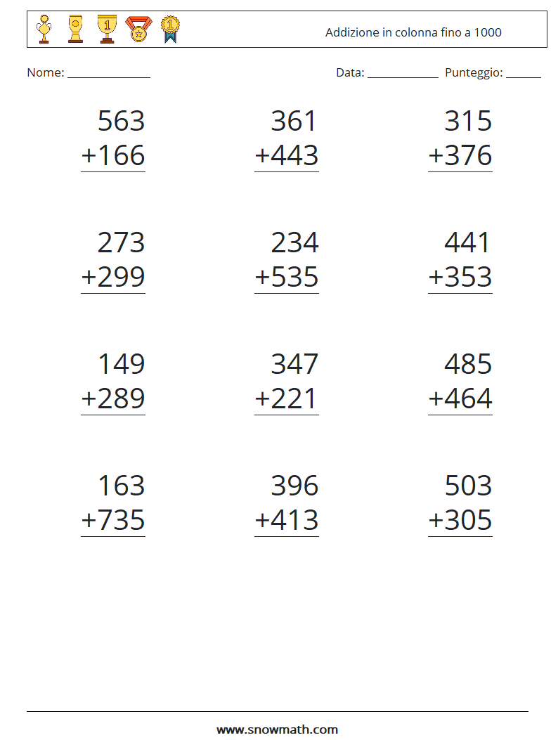 (12) Addizione in colonna fino a 1000 Fogli di lavoro di matematica 10