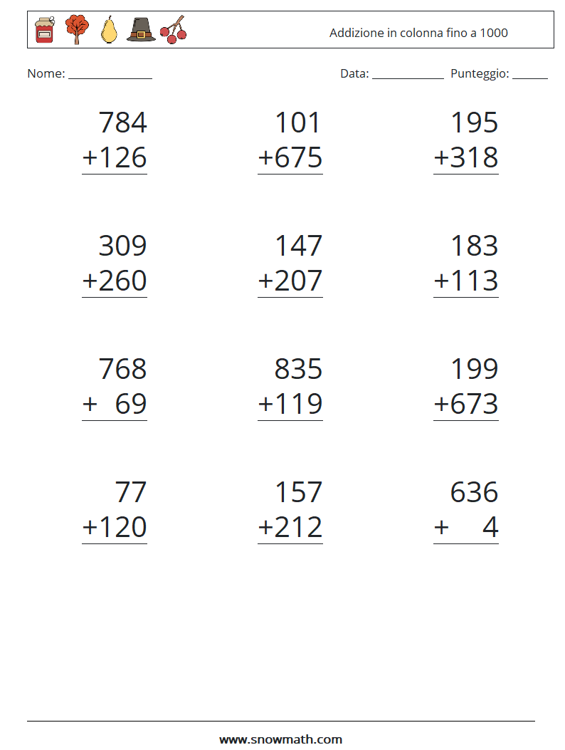 (12) Addizione in colonna fino a 1000 Fogli di lavoro di matematica 11