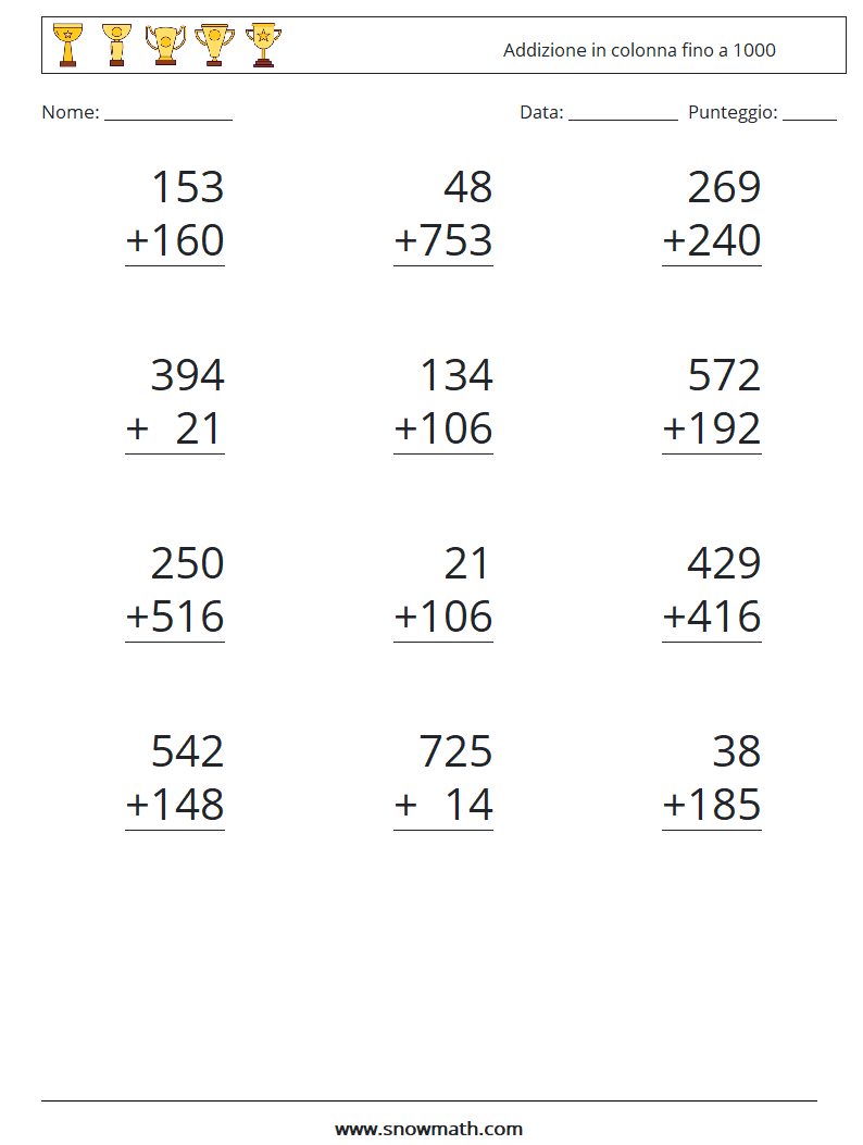 (12) Addizione in colonna fino a 1000 Fogli di lavoro di matematica 12