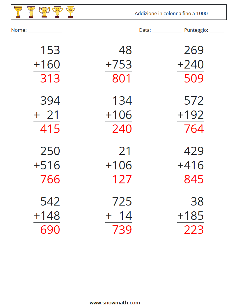 (12) Addizione in colonna fino a 1000 Fogli di lavoro di matematica 12 Domanda, Risposta