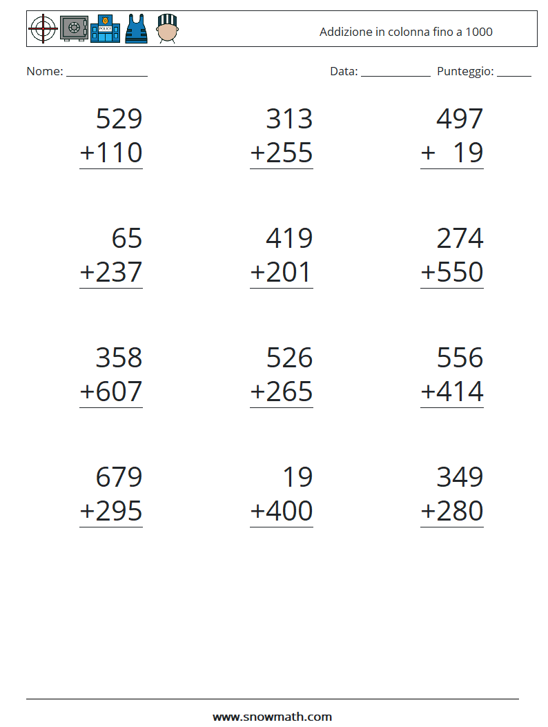 (12) Addizione in colonna fino a 1000 Fogli di lavoro di matematica 13