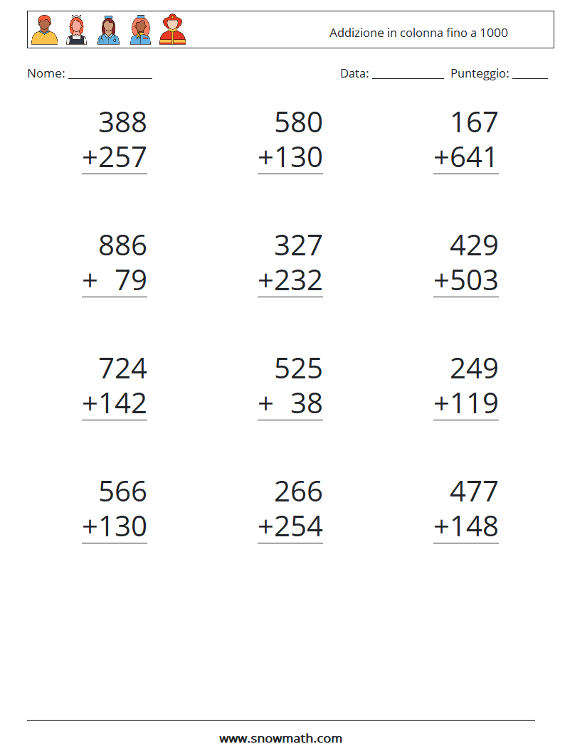 (12) Addizione in colonna fino a 1000 Fogli di lavoro di matematica 14