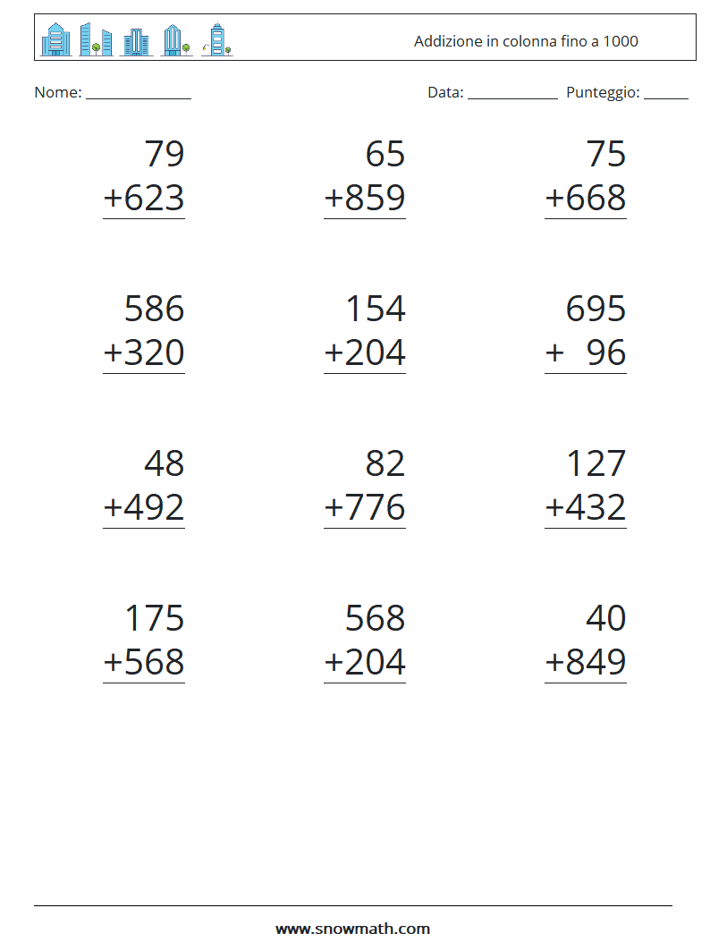 (12) Addizione in colonna fino a 1000 Fogli di lavoro di matematica 16