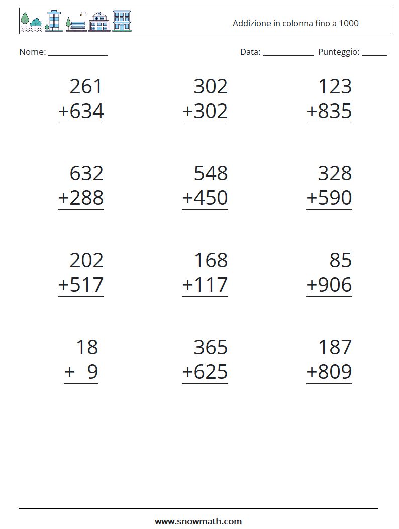 (12) Addizione in colonna fino a 1000 Fogli di lavoro di matematica 17