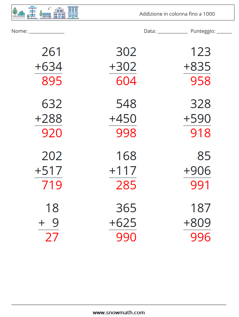 (12) Addizione in colonna fino a 1000 Fogli di lavoro di matematica 17 Domanda, Risposta