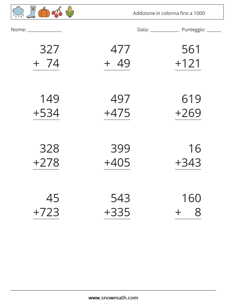 (12) Addizione in colonna fino a 1000 Fogli di lavoro di matematica 18