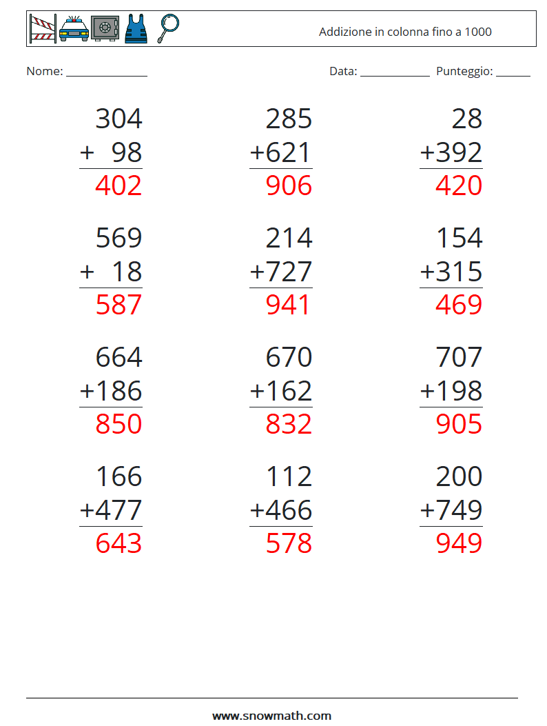 (12) Addizione in colonna fino a 1000 Fogli di lavoro di matematica 1 Domanda, Risposta