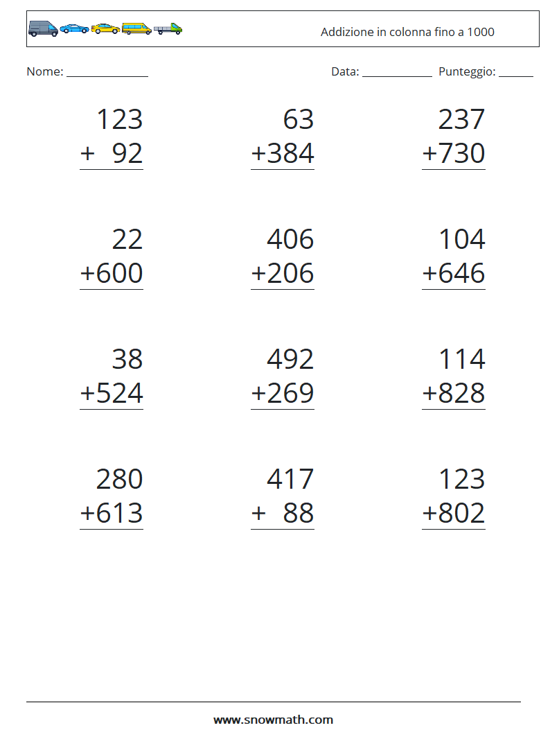 (12) Addizione in colonna fino a 1000 Fogli di lavoro di matematica 2