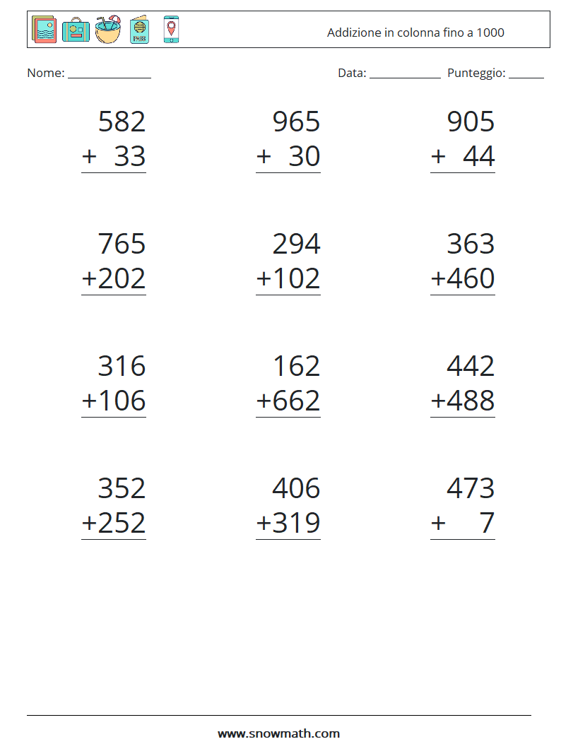 (12) Addizione in colonna fino a 1000 Fogli di lavoro di matematica 3