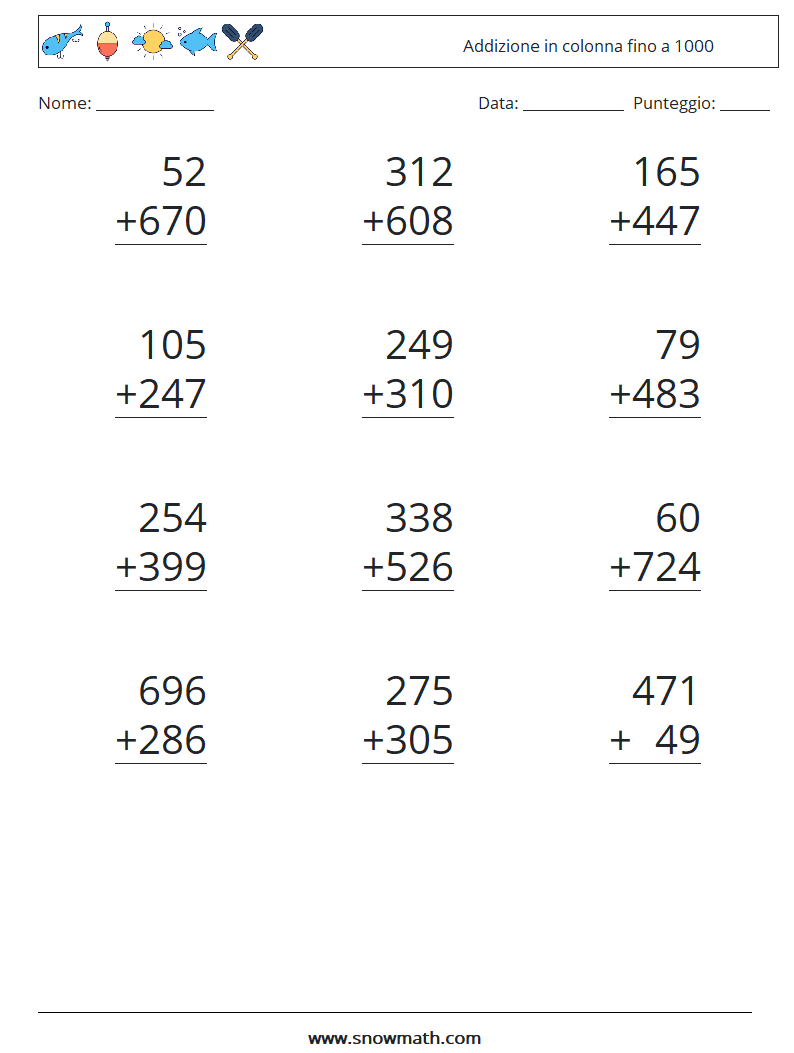 (12) Addizione in colonna fino a 1000 Fogli di lavoro di matematica 5
