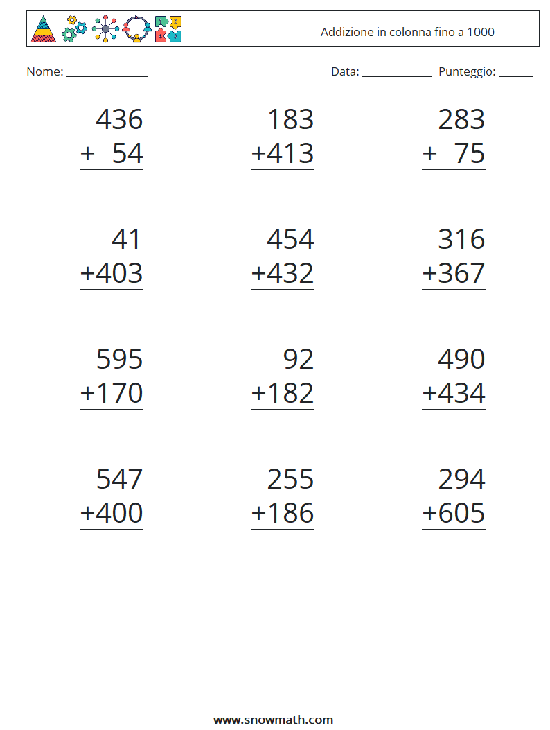 (12) Addizione in colonna fino a 1000 Fogli di lavoro di matematica 6