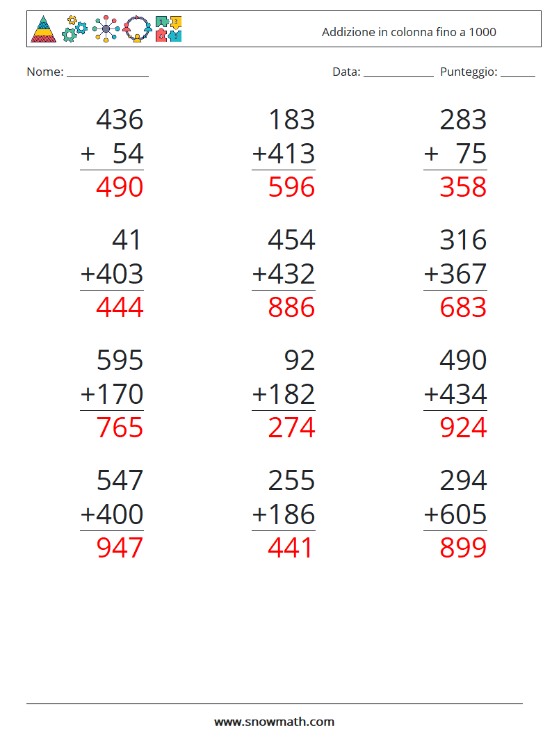 (12) Addizione in colonna fino a 1000 Fogli di lavoro di matematica 6 Domanda, Risposta