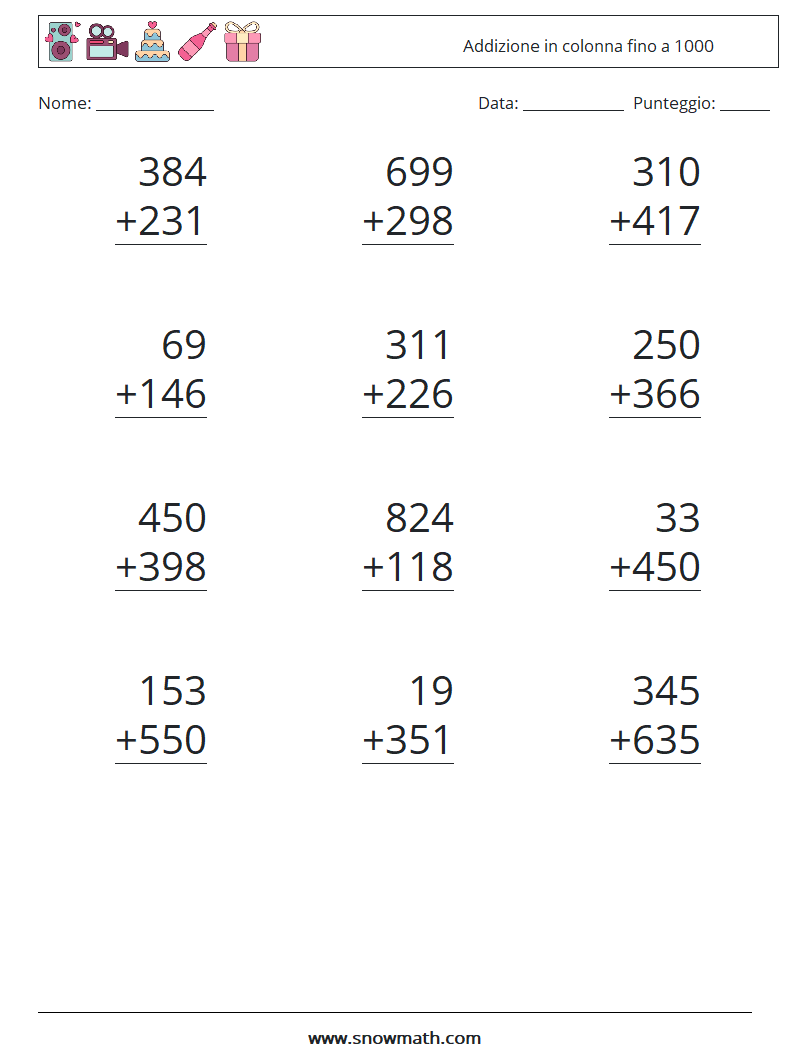 (12) Addizione in colonna fino a 1000 Fogli di lavoro di matematica 7
