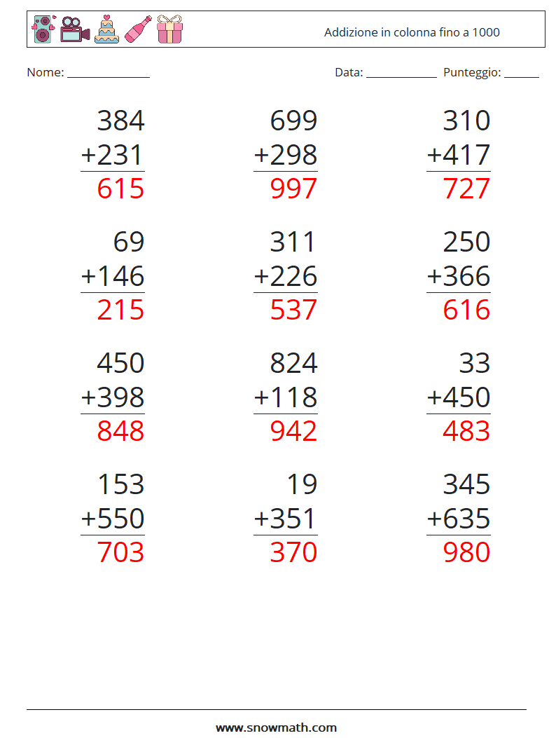 (12) Addizione in colonna fino a 1000 Fogli di lavoro di matematica 7 Domanda, Risposta