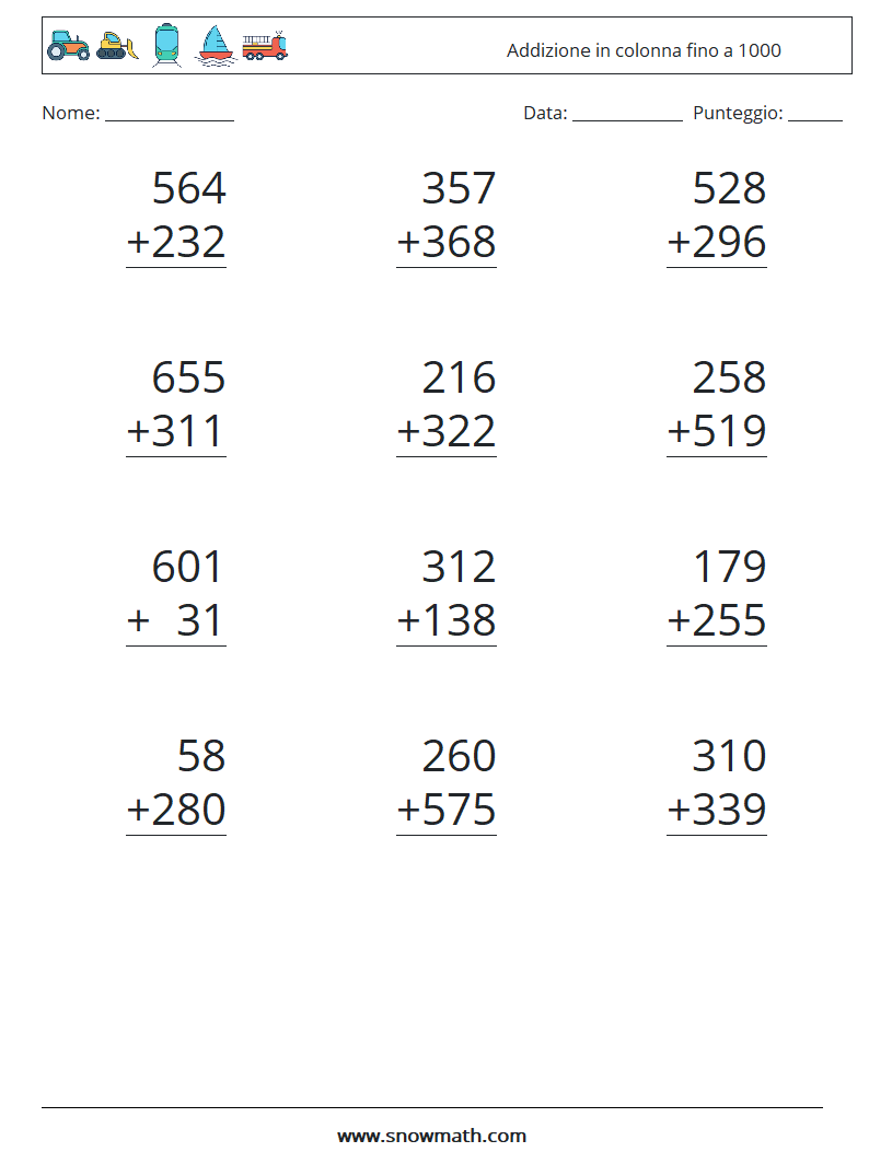 (12) Addizione in colonna fino a 1000 Fogli di lavoro di matematica 8