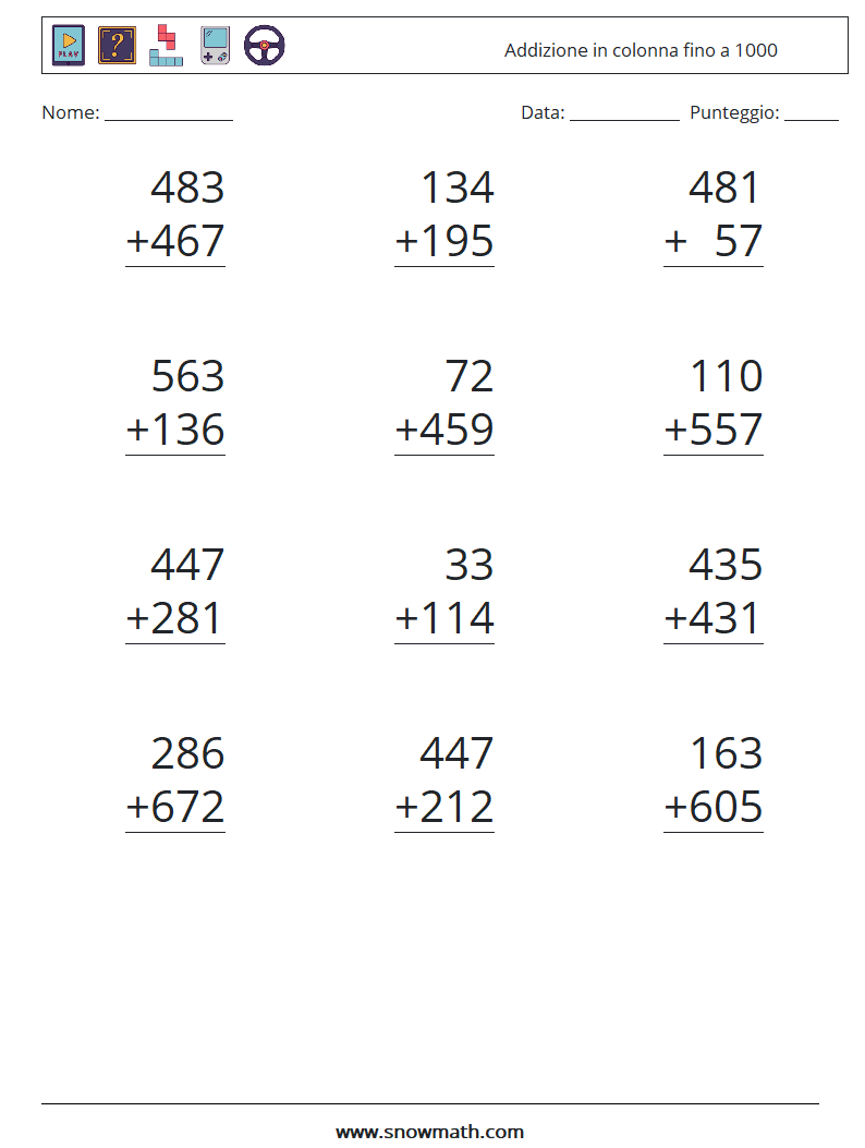 (12) Addizione in colonna fino a 1000 Fogli di lavoro di matematica 9