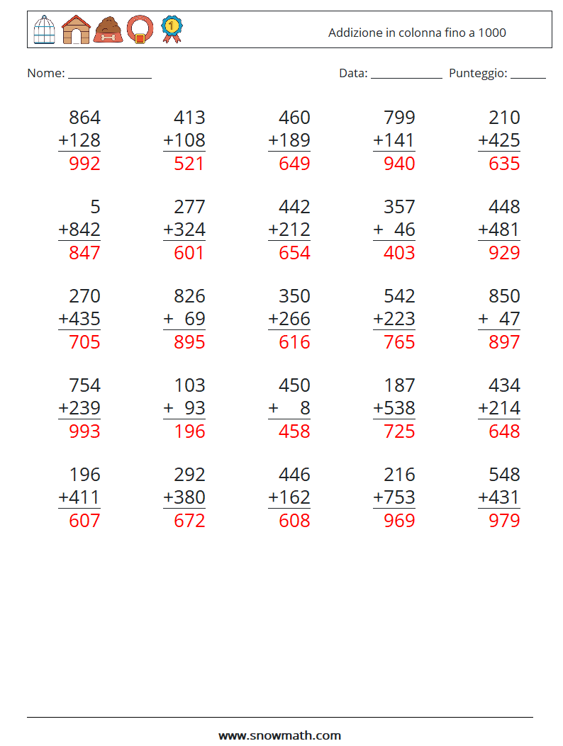 (25) Addizione in colonna fino a 1000 Fogli di lavoro di matematica 10 Domanda, Risposta