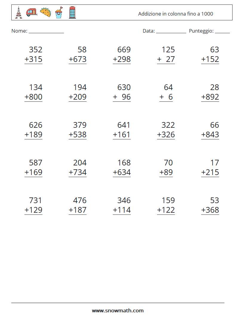 (25) Addizione in colonna fino a 1000 Fogli di lavoro di matematica 11