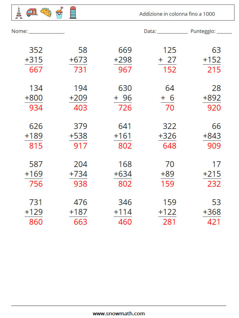 (25) Addizione in colonna fino a 1000 Fogli di lavoro di matematica 11 Domanda, Risposta