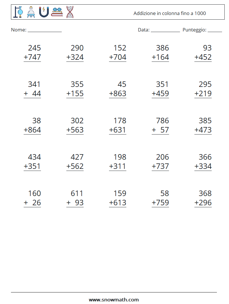 (25) Addizione in colonna fino a 1000 Fogli di lavoro di matematica 12