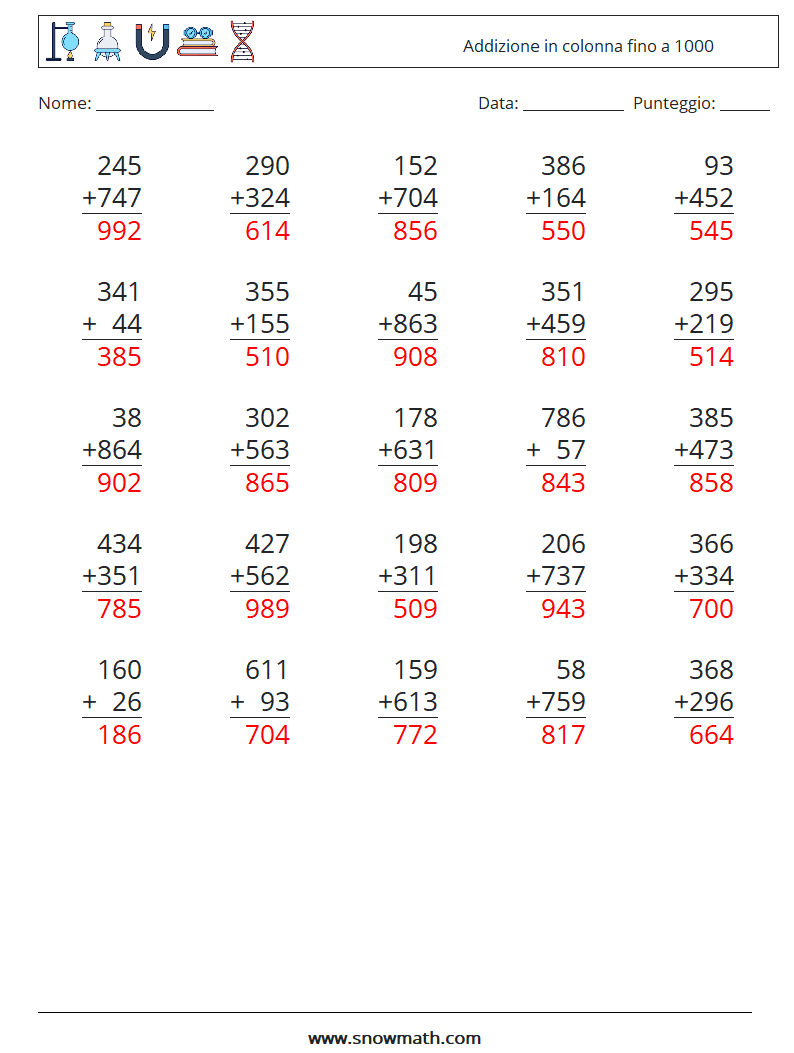 (25) Addizione in colonna fino a 1000 Fogli di lavoro di matematica 12 Domanda, Risposta