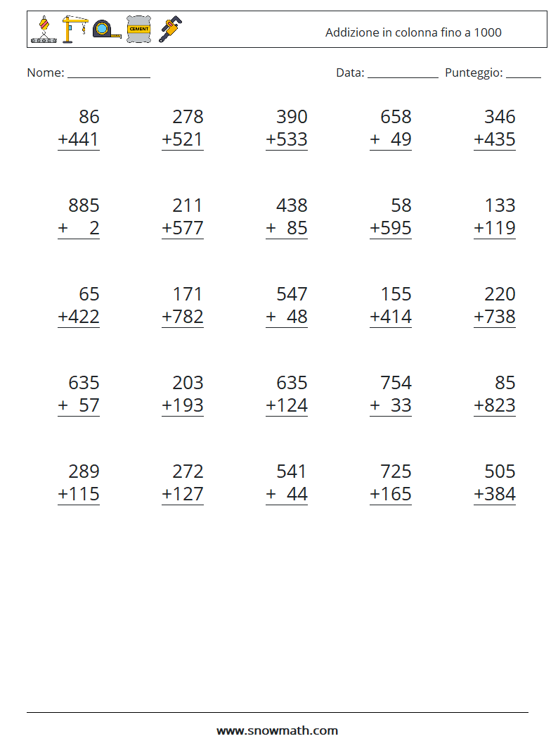 (25) Addizione in colonna fino a 1000 Fogli di lavoro di matematica 13